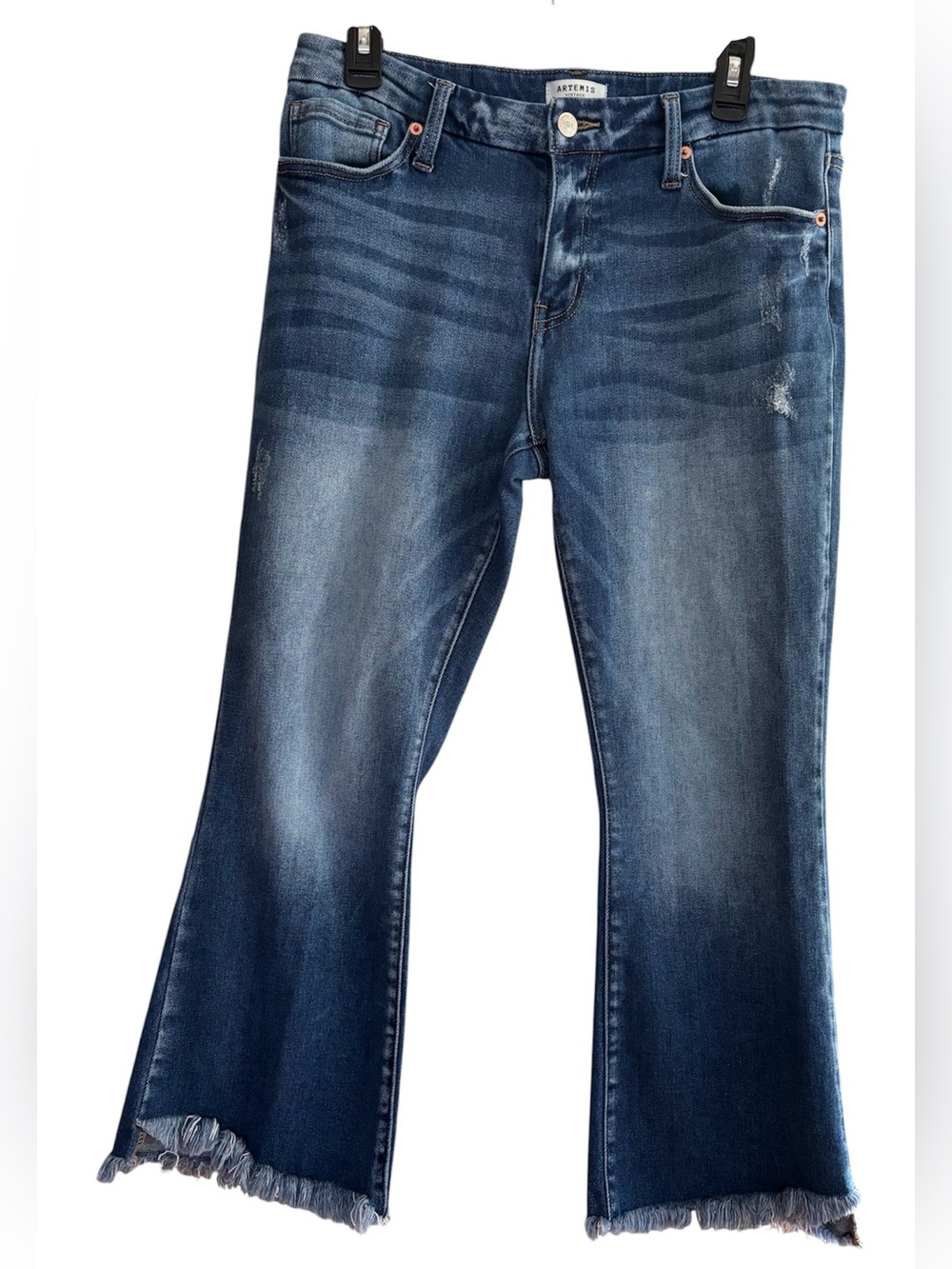 Artemis Women’s Size 11/29 Mid Rise Dark Wash Flare Jeans Frayed Hem Distressed
